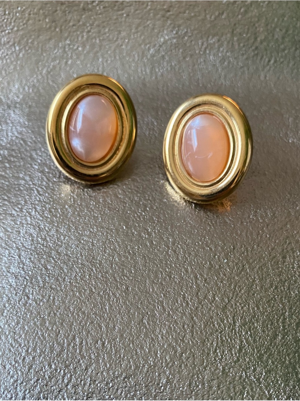 Monet Gold Oval Stud Earrings with Peach Cabochons